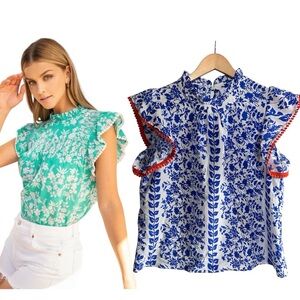 THML Florie Flutter Sleeve Print Top blouse prot pattern Santorini Greece